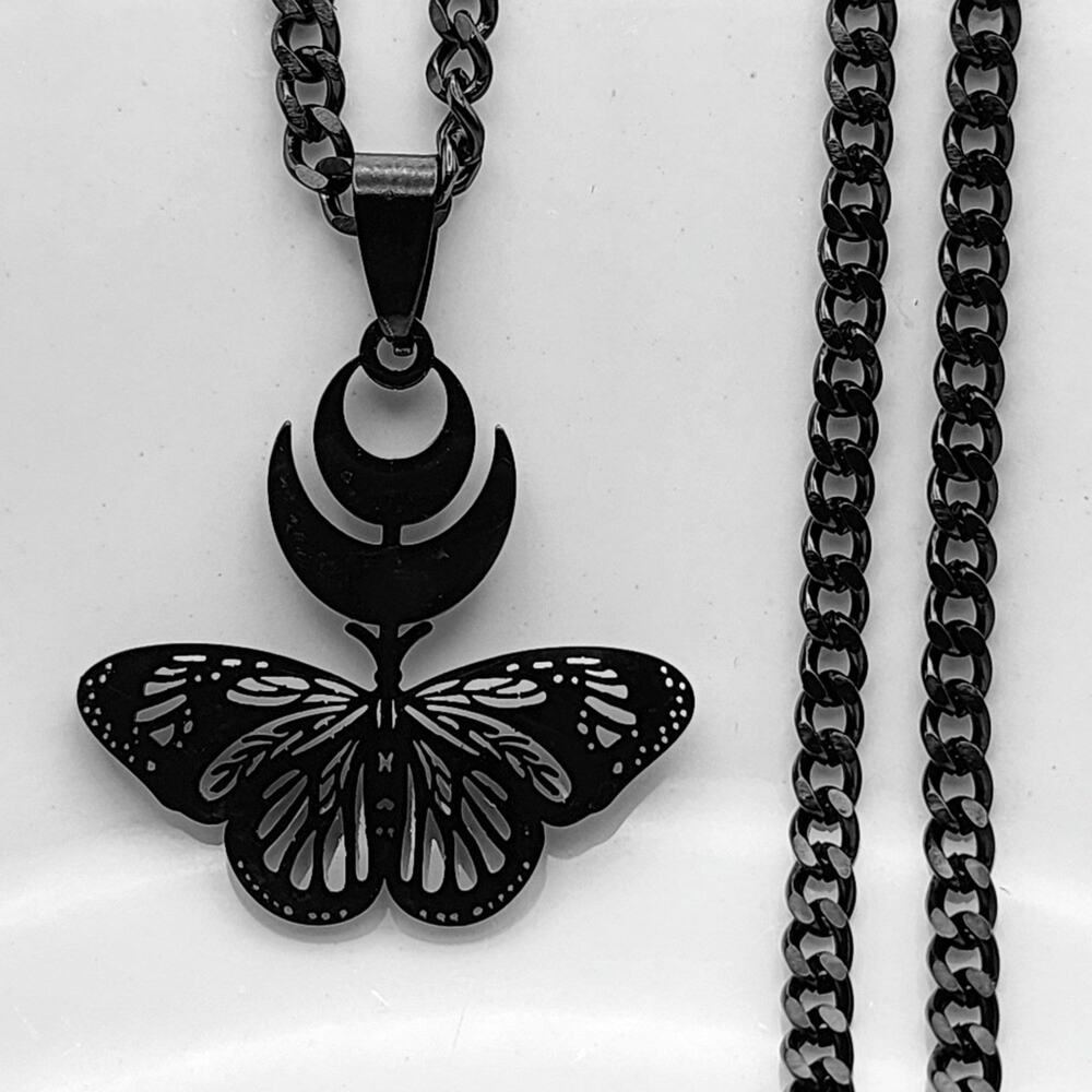 Obsidian Flutter Goth Black Butterfly Crescent Moon Necklace